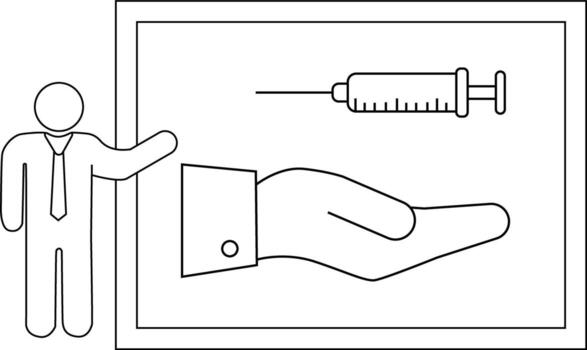 Stick figure presenting a slide with a syringe over an open hand in a frame vector