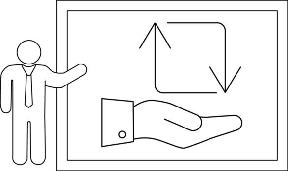 Stick figure presenting arrows loop above open hand in framed scene simplified minimalistic vector
