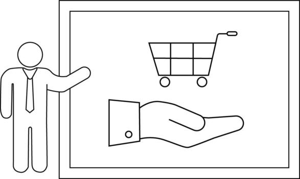 Stick figure presenting a whiteboard with a shopping cart and open hand icon vector
