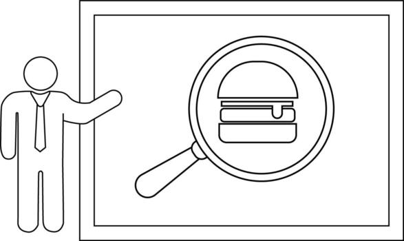 A figure gestures toward a whiteboard displaying a burger under a magnifying glass vector
