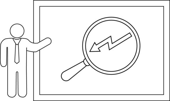 A figure stands next to a chart showing a magnifying glass over a graph line trending downward vector