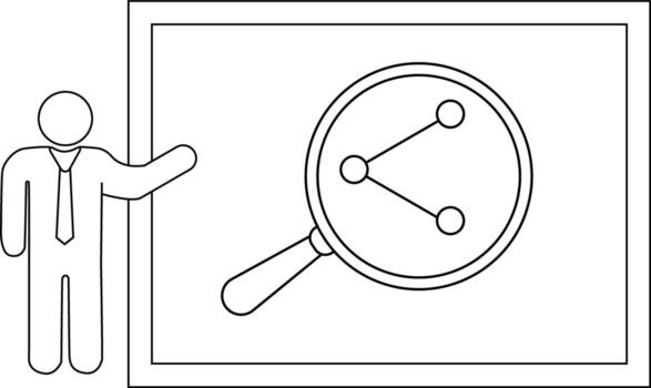 un hombre en un Corbata regalos un aumentador vaso mostrando un tres nodos red diagrama en un pantalla vector