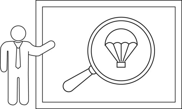 A person points to a board with a magnifying glass focusing on a parachute vector