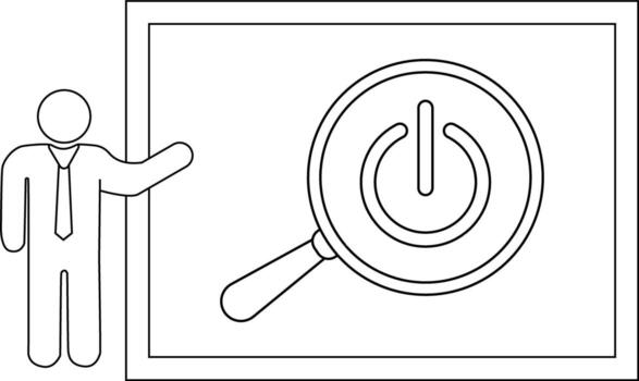 A person presents a large power button symbol on a screen possibly a presentation vector