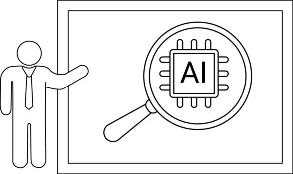 A person presents a screen showing a magnifying glass over an AI microchip vector