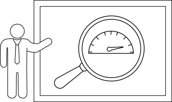 A presenter points to a framed gauge likely a performance metric suggesting a review or focus vector