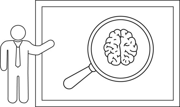 A simplified figure presents a brain under a magnifying glass on a whiteboard vector