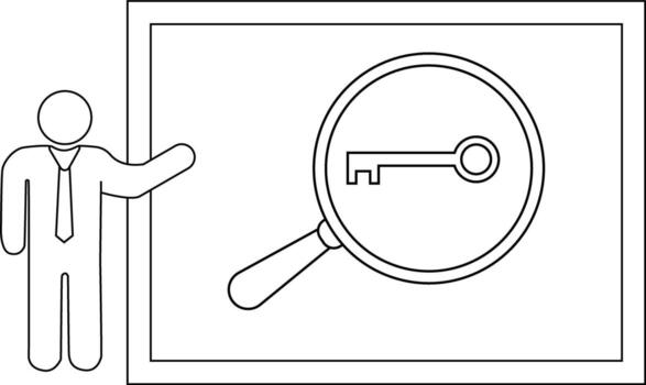 A stick figure in a tie pointing to a framed magnifying glass focusing on a key vector