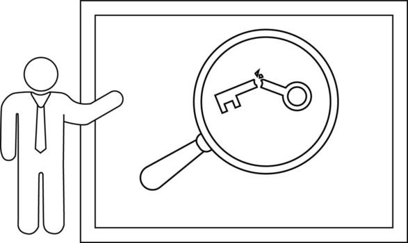 A stick figure is presenting a poster with a broken key under a magnifying glass vector