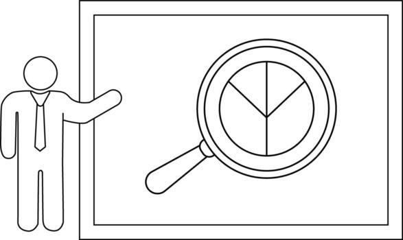 un palo figura presentador puntos a un tarta gráfico debajo un aumentador vaso desplegado en un pizarron vector