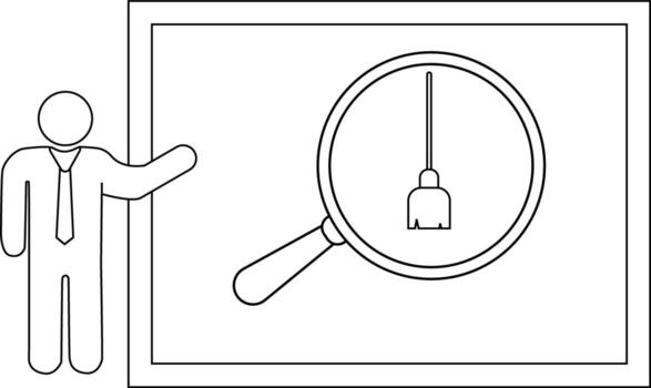 A stick figure points to a screen showing a magnifying glass over a broom vector