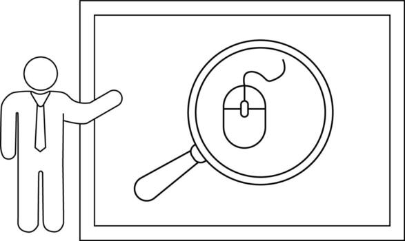 A whiteboard features a presenter next to a magnifying glass focusing on a mouse vector