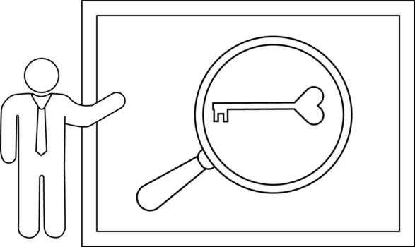 An icon man presents a framed view of a heartshaped key under a magnifying glass vector