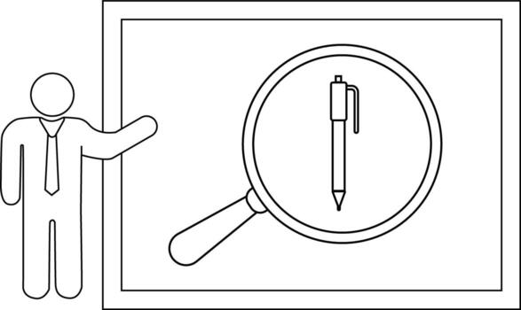 Line drawing of a businessman gesturing toward a pen under a magnifying glass within a framed presentation board vector