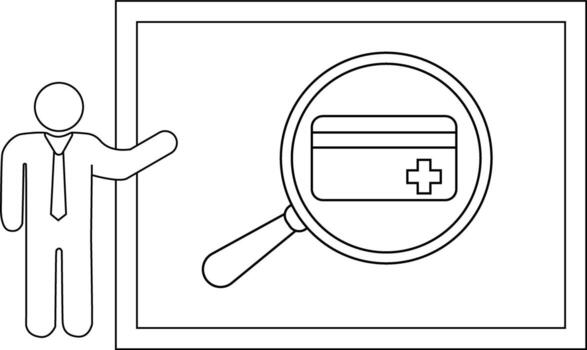 Line art depicts a person presenting a medical card with a magnifying glass set in a rectangular frame vector