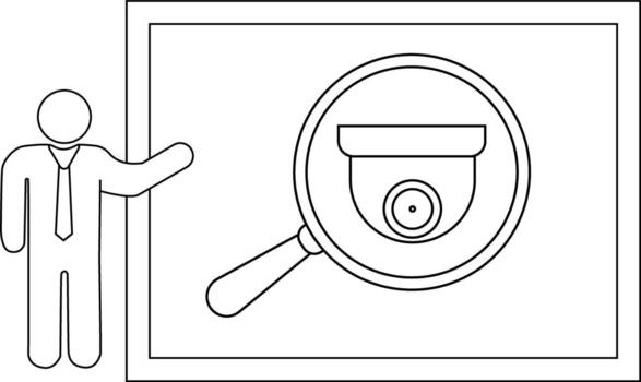 Line drawing of a man presenting a security camera under a magnifying glass within a frame vector