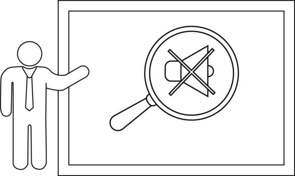 línea dibujo muestra un persona presentación un pantalla con un aumentador vaso enfoque en un apagado altavoz icono vector