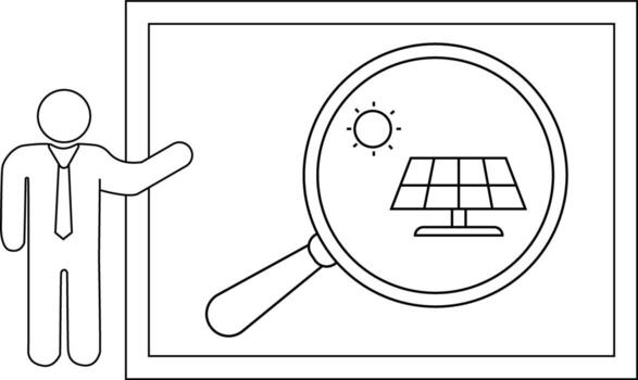 Man gestures to a screen showing a solar panel under a magnifying glass vector