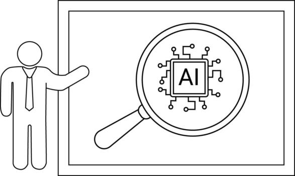 Man presents a board with an AI chip under a magnifying glass vector