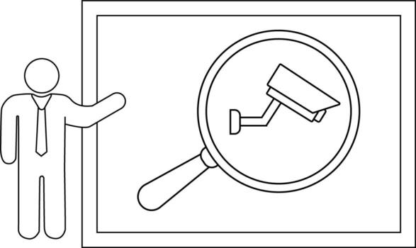 Man presenting a magnified security camera display framed by black lines vector