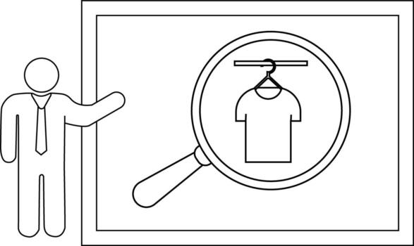 Outline drawing of a presenter next to a screen showing a magnifying glass focusing on a Tshirt on a hanger vector