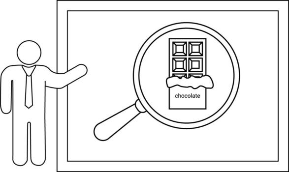 Stick figure pointing to a magnified chocolate bar within a framed display vector