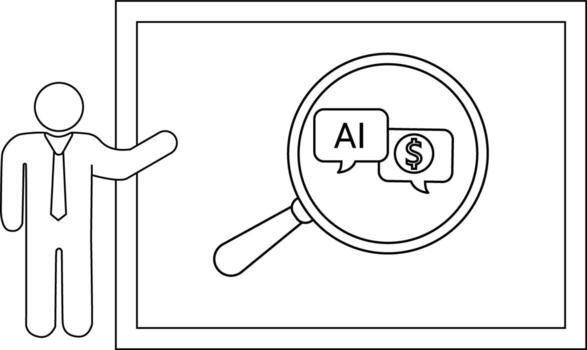 Stick figure presents a board with magnifying glass focusing on AI a dollar sign in speech bubbles vector