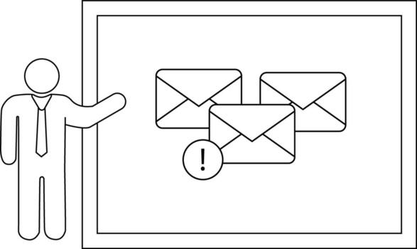 A person gesturing towards a board displaying three emails one with an exclamation mark vector