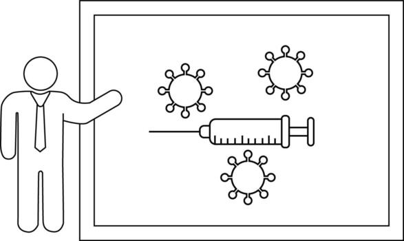A presenter beside a framed image with a syringe 3 viruses and a plain background vector