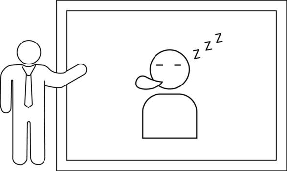 A stick figure presenter points to a drawing of a sleeping person with Zzz above them vector