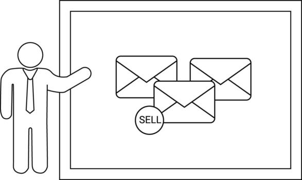 A presenter gestures to three mail envelopes with SELL label set within a bordered frame vector