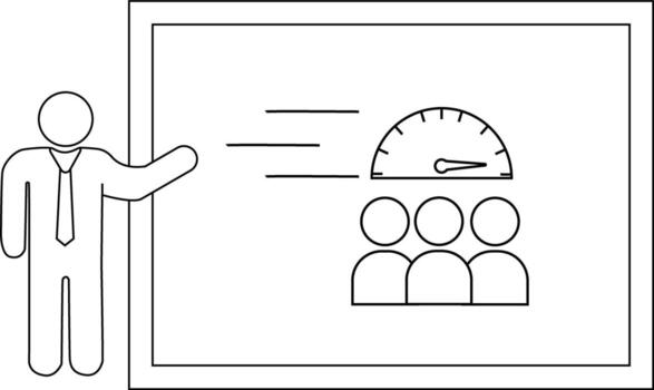A stick figure presenting to a group near a speedometer on a whiteboard vector