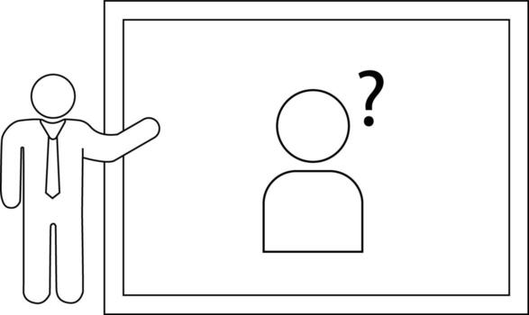 figura en un traje presentación un pregunta marca en un pantalla con un no identificado persona vector