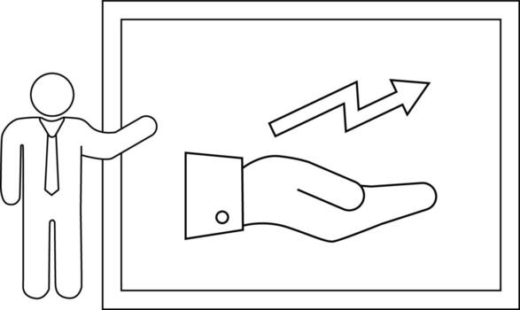A stick figure presenting an image of a hand with an upwardpointing arrow on a screen vector