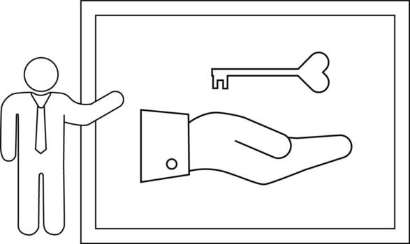 A stick figure presenting a framed image with a hand holding a key vector