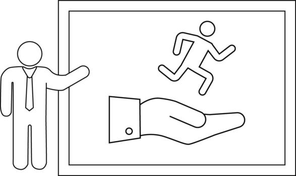 Figure gesturing to an image of a running person above a hand vector