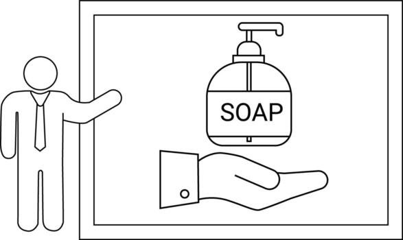 Drawing of a person gesturing towards a sign displaying soap above a hand vector