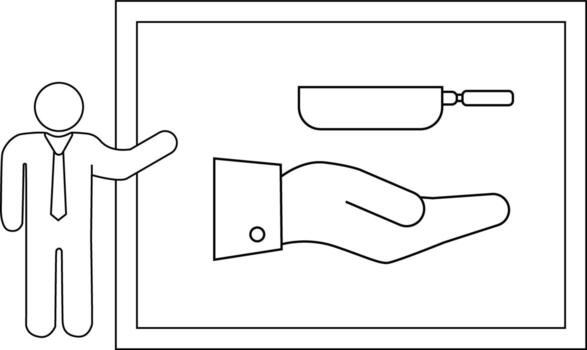 Image shows a person presenting a hand with a pan above it on a framed image vector