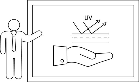 Line drawing of a person presenting UV rays reflection on a surface held by a hand within a framed diagram vector
