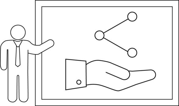 Person presents data on screen showing hand holding nodes in network vector