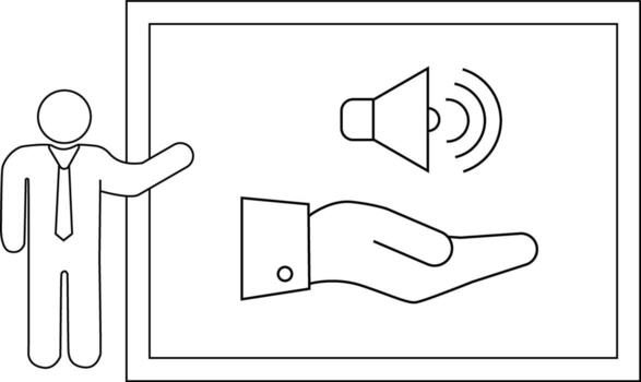 Presenter gesturing towards a slide with a hand holding a speaker icon emitting sound waves vector