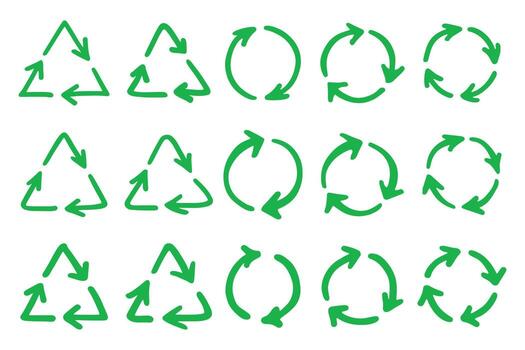 Set of hand drawn recycle arrow icon Recycling resources symbol Reuse of materials, zero waste, green environment, saving the planet ecological pictogram vector