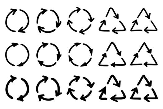 ecological isolated Set of hand drawn recycle arrow icon Recycling resources symbol Reuse of materials, zero waste, green environment, saving the planet vector