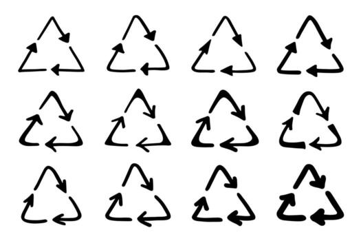 Set of hand drawn recycle arrow icon Recycling resources symbol Reuse of materials, zero waste, green environment, saving the planet ecological conservation vector