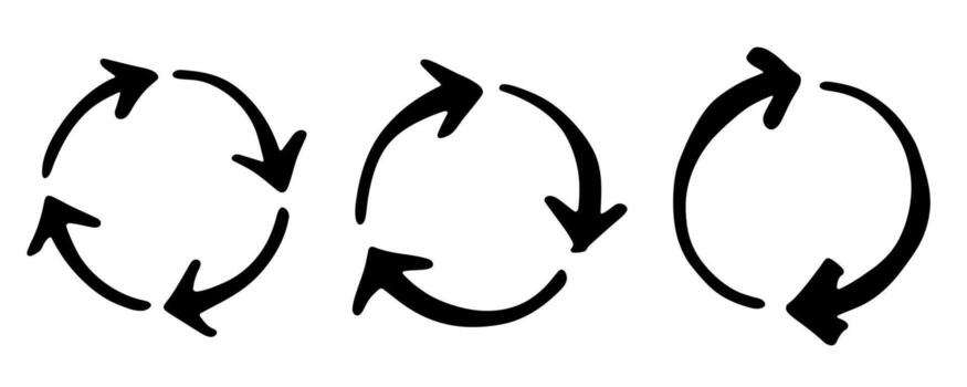 Set of hand drawn recycle arrow icon Recycling resources symbol Reuse of materials, zero waste, green environment, saving the planet ecological organic vector