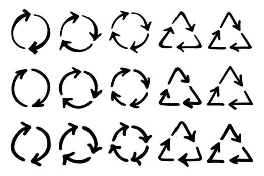 ecological rotation Set of hand drawn recycle arrow icon Recycling resources symbol Reuse of materials, zero waste, green environment, saving the planet vector
