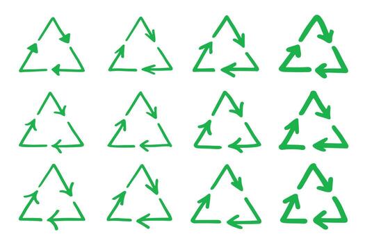 ecological doodle Set of hand drawn recycle arrow icon Recycling resources symbol Reuse of materials, zero waste, green environment, saving the planet vector