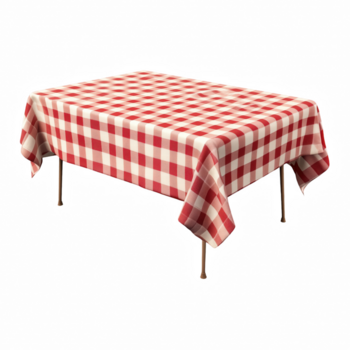 Red and white checkered tablecloth draped over rectangular table isolated on transparent background. png