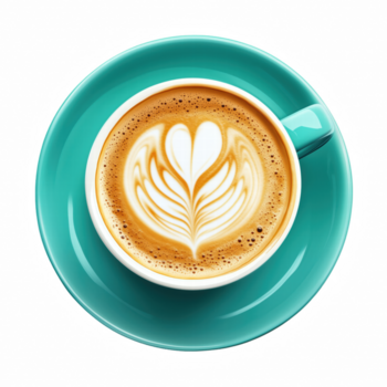 Top view of latte coffee with tulip art in turquoise cup and saucer, creamy foam texture, isolated on transparent background png