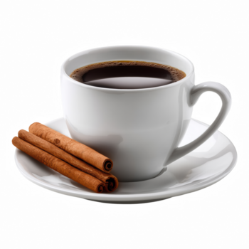 Weiß Kaffee Tasse mit schwarz Kaffee und Zimt Stöcke auf Untertasse isoliert auf transparent Hintergrund png